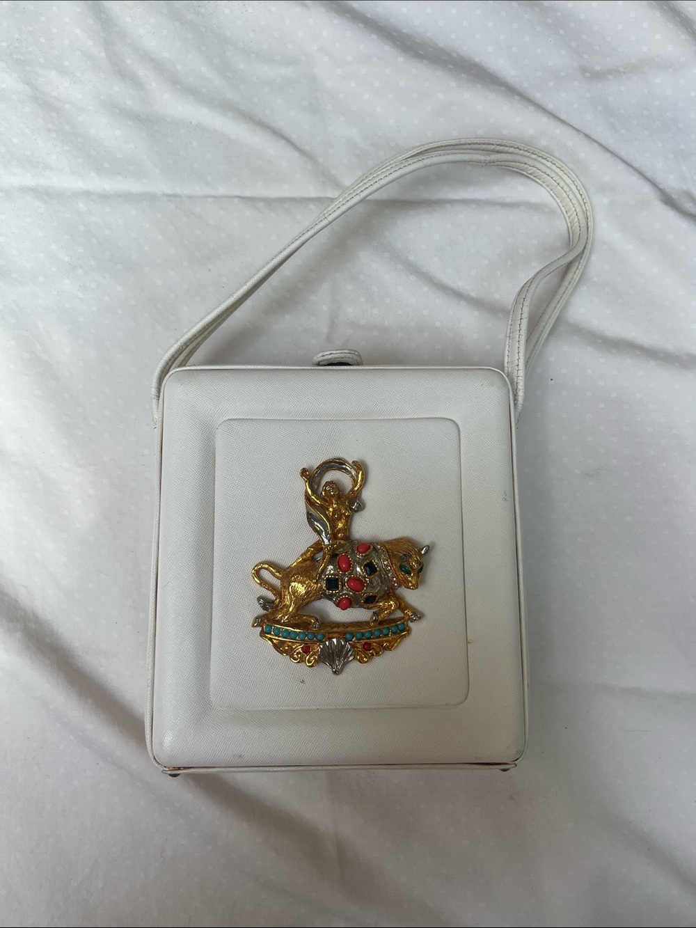 Vintage 60s Kenneth Lane - Rosenfeld Jeweled Lion White Box Bag